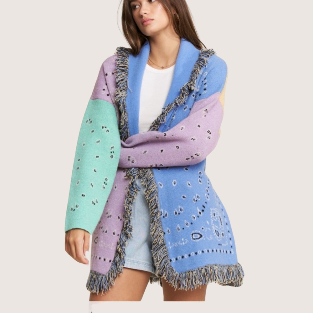 Bandana Print Multicolor Fringe Cardigan